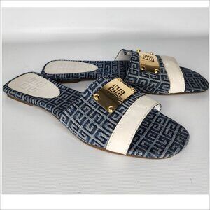 GIVENCHY vintage 38 blue SIGNATURE Canvas gold LOGO Plate Sandals Slides Authent